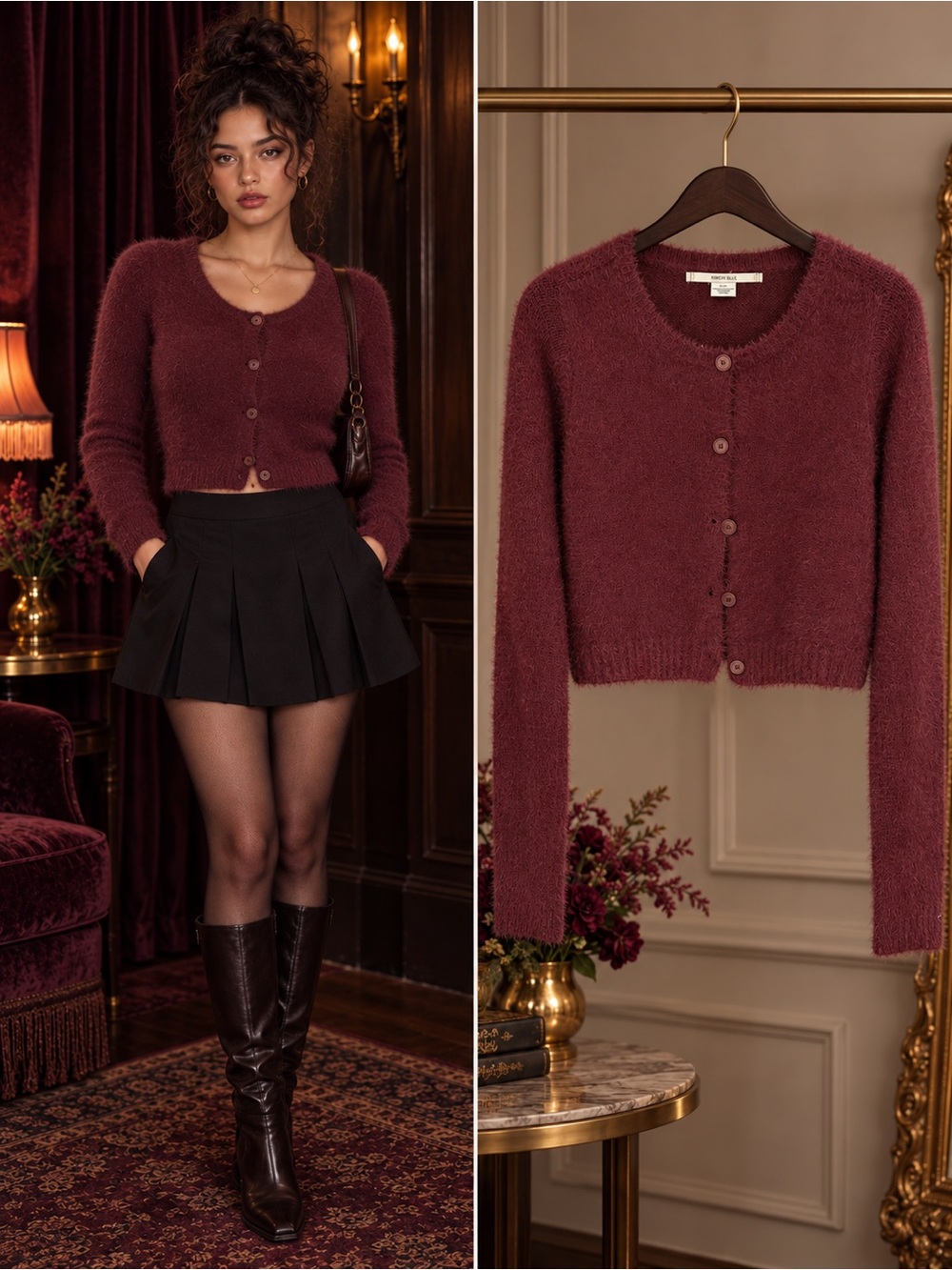 Kimchi Blue Urban Outfitters Burgundy Fuzzy Eyelash Knit Cropped Cardigan M
